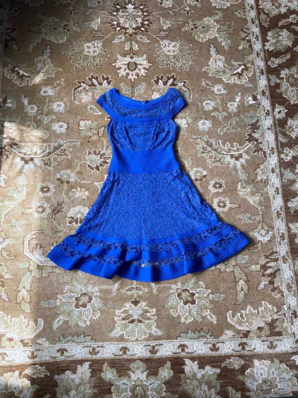 Tadashi Shoji Embroidered Lace Illusion Midi Sheath Dress Royal Blue Sz 4